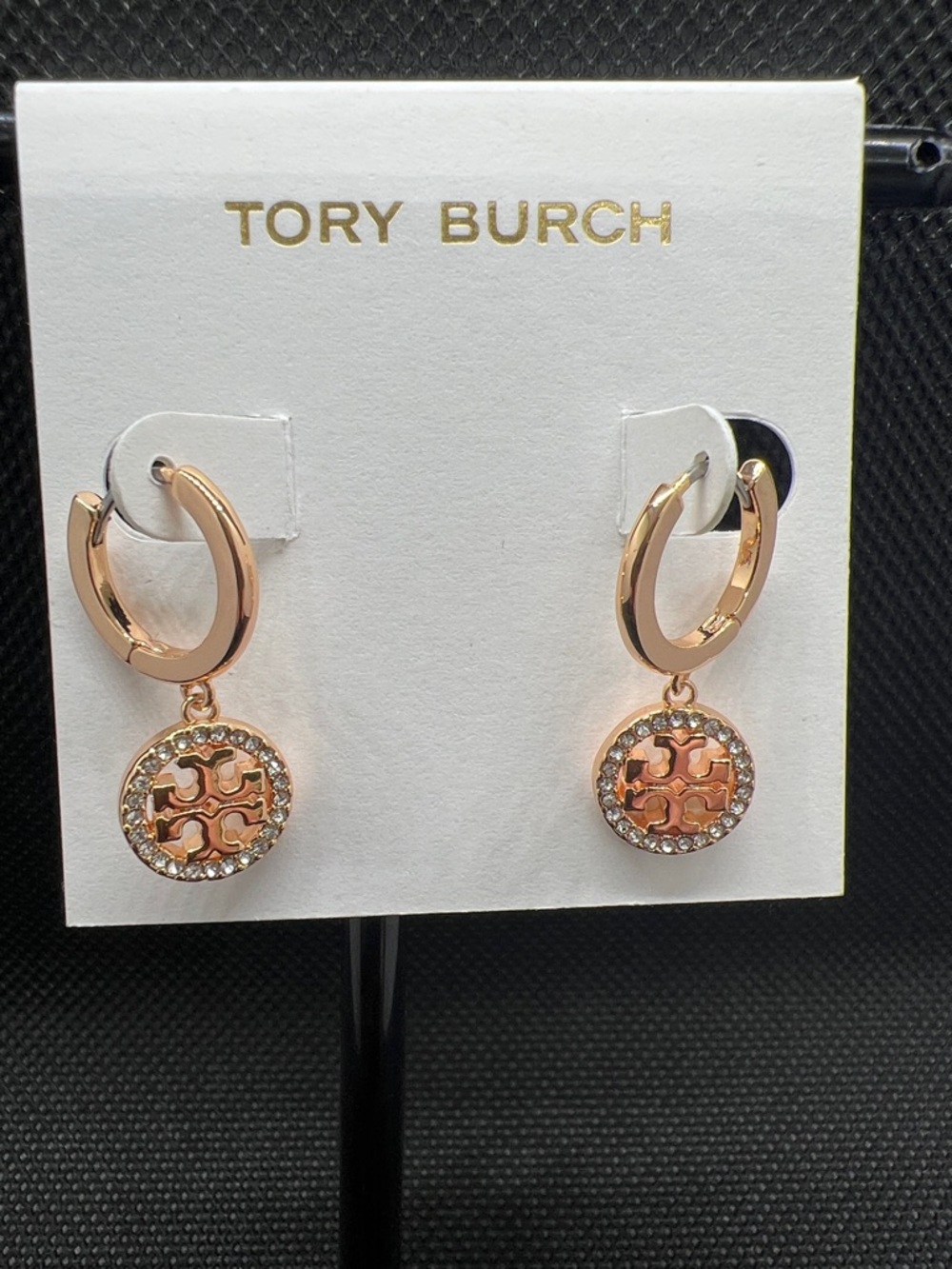 Tory Burch Rose Gold Logo Drop Earrings with Crystal Halo